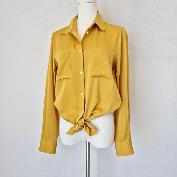 Theory Silk Blend Chiffon Tie-Front Button-Up Shirt Pocket Long Sleeve Yellow - Picture 1 of 13